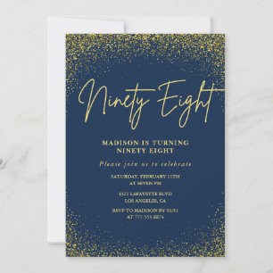 Elegant Glam Navy Gold Glitter 98th birthday Invitation