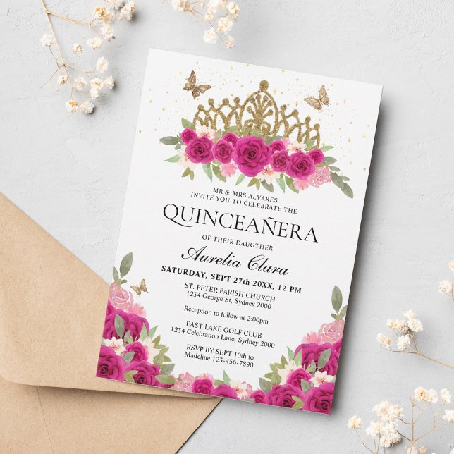 Elegant Glam Pink Floral Gold Tiara Quinceanera Invitation (Creator Uploaded)