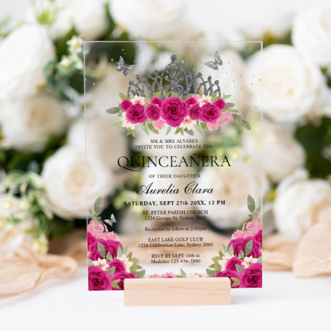 Elegant Glam Pink Floral Silver Tiara Quinceanera Acrylic Invitations (Creator Uploaded)
