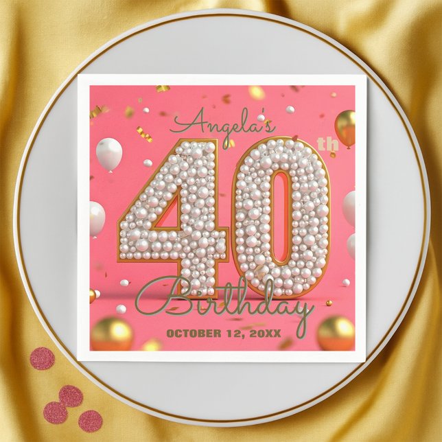 Elegant Glam Pink Gold and Pearls 40th Birthday Napkin (Creator Uploaded)
