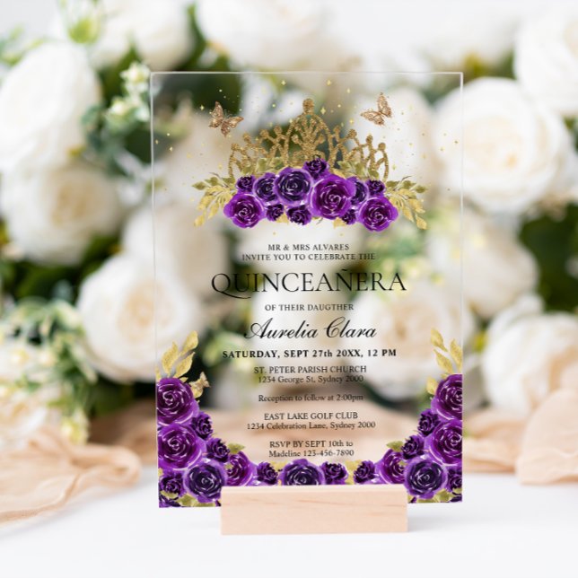 Elegant Glam Purple Floral Gold Tiara Quinceanera Acrylic Invitations (Creator Uploaded)