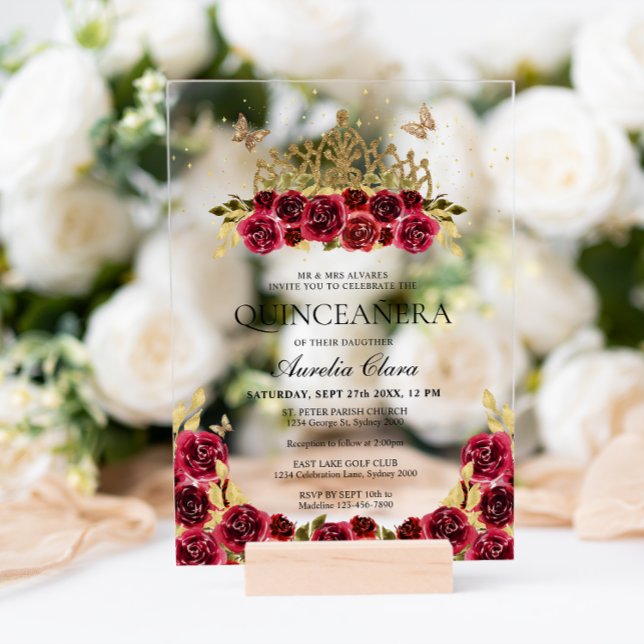 Elegant Glam Red Floral Gold Tiara Quinceanera Acrylic Invitations (Creator Uploaded)