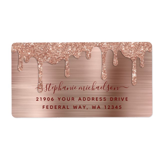 Elegant Glam Rose Gold Glitter Drip Return Address (Front)