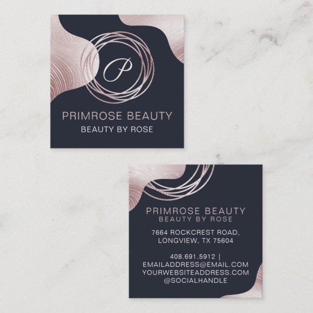Elegant Glam Rose Gold Luxury Abstract Monogram Square Business Card (Front/Back)