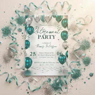 Elegant Glam Teal Silver Balloons Retirement Party Invitation
