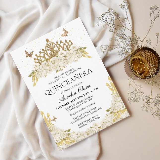 Elegant Glam White Floral Gold Tiara Quinceanera Invitation (Creator Uploaded)