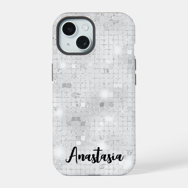 Elegant Glam White Silver Glitz Sparkle  iPhone 15 Case (Back)