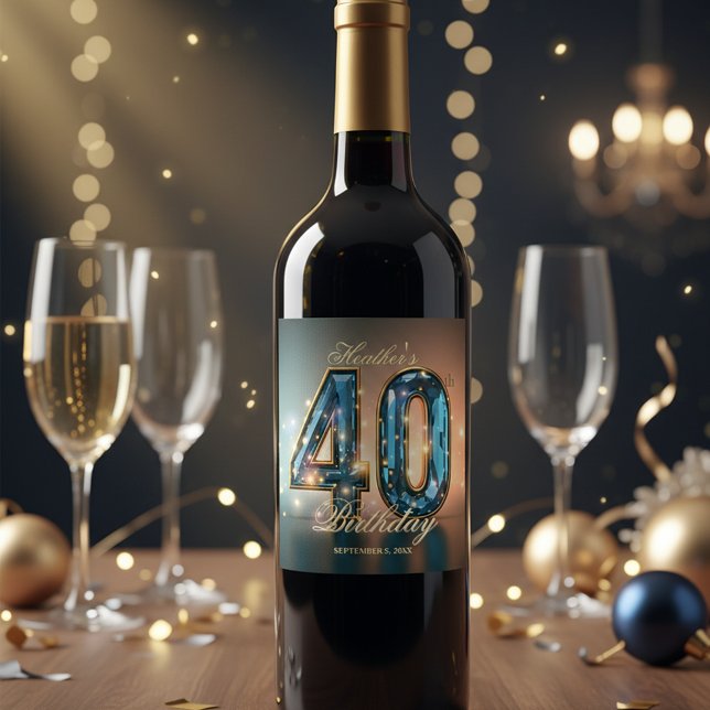 Elegant Glamorous Teal Gold Crystal 40th Birthday Wine Label (Creator Uploaded)