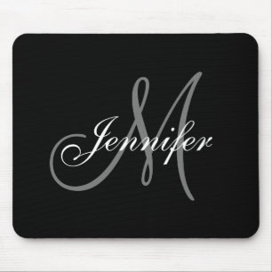 Elegant Glamour Black White Grey Monogram Name Mouse Pad
