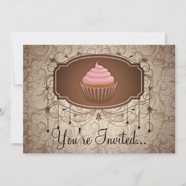 Elegant Glamour Mocha Damask Cupcake Design Invitation (Front)