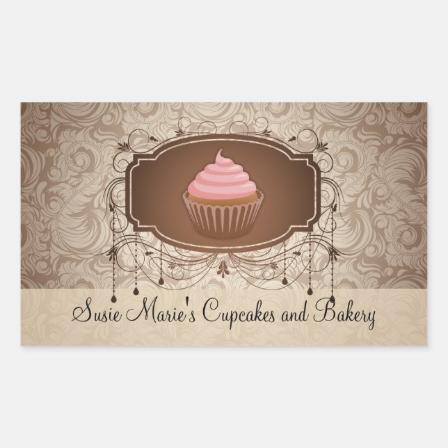 Elegant Glamour Mocha Damask Cupcake Label Sticker (Front)