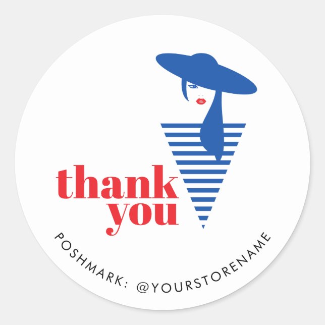 Elegant Glamour Mod Girl Blue Poshmark Thank You Classic Round Sticker (Front)