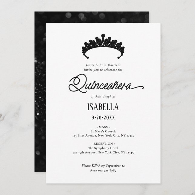 Elegant Glamourous Black & White Quinceañera Invitation (Front/Back)