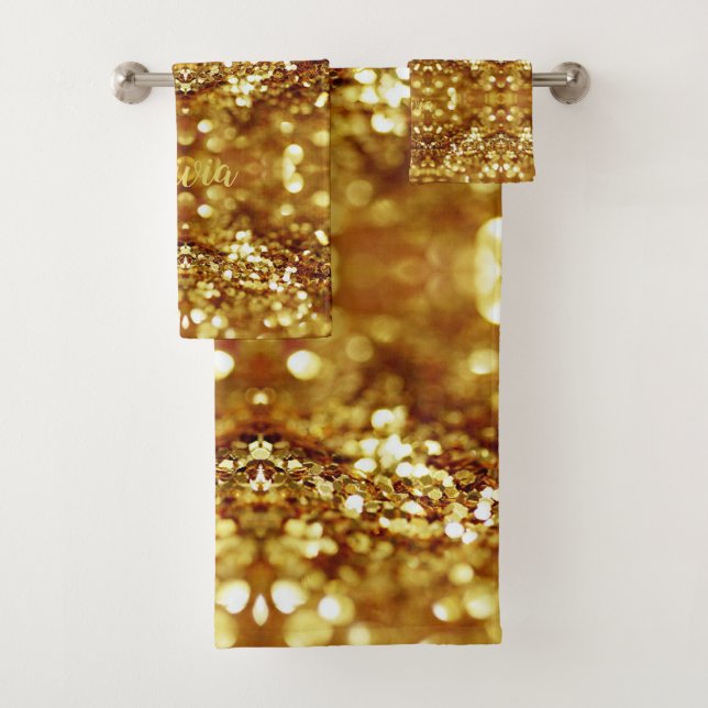 Elegant Glamourous Gold Look Pattern with Name Bath Towel Set (Insitu)