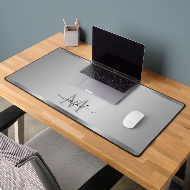 Elegant Glamourous Silver Custom Name Monogram Desk Mat (Office 2)
