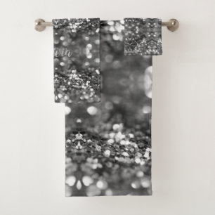Elegant Glamourous Silver Grey Pattern Add Name Bath Towel Set