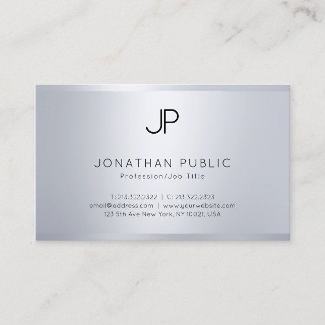Elegant Glamourous Silver Look Modern Monogram Top Business Card (Front)