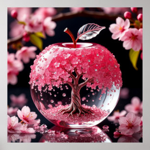 Elegant Glass Apple with Intricate Cherry Blossom Poster