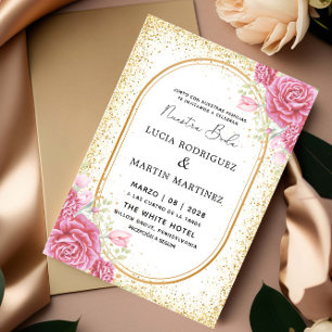 Elegant Gliter Floral Gold Spanish Nuestra Boda Invitation