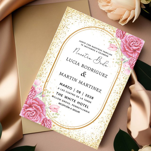 Elegant Gliter Floral Gold Spanish Nuestra Boda Invitation (Creator Uploaded)