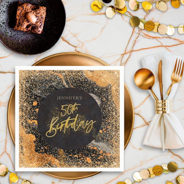 Elegant Glitter 50th Black and Gold Birthday Napkin (Creator Uploaded)