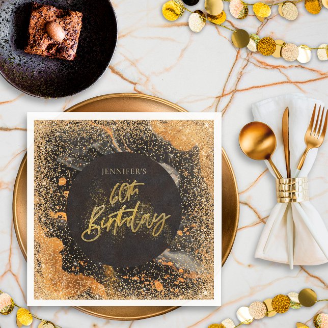 Elegant Glitter 60th Black and Gold Birthday Napkin (Creator Uploaded)