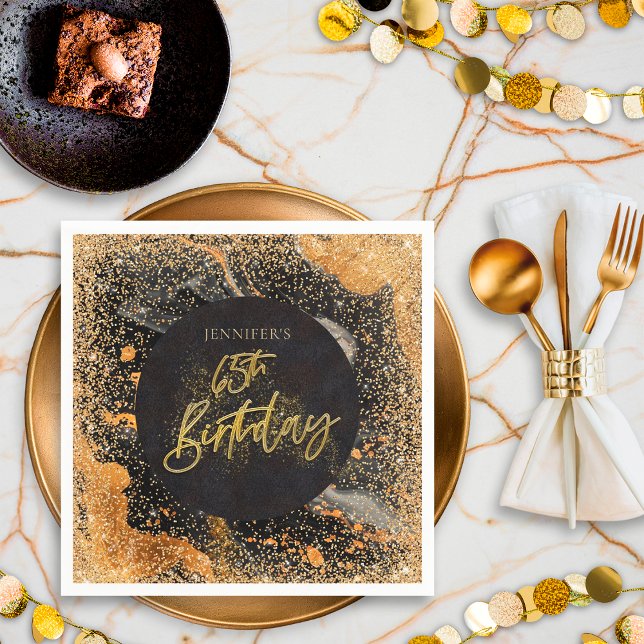 Elegant Glitter 65th Black and Gold Birthday Napkin (Creator Uploaded)