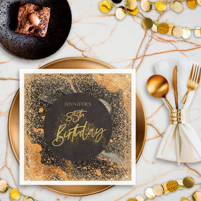 Elegant Glitter 85th Black and Gold Birthday Napkin (Creator Uploaded)