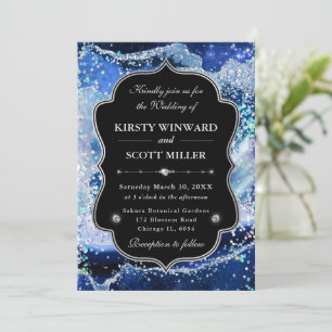 Elegant Glitter Agate Blue & Silver Wedding Invitation