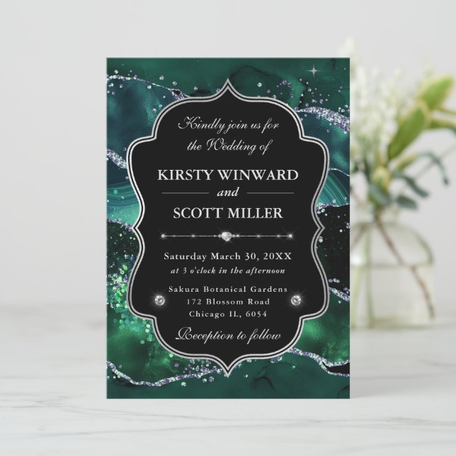 Elegant Glitter Agate Green & Silver Wedding Invitation (Standing Front)