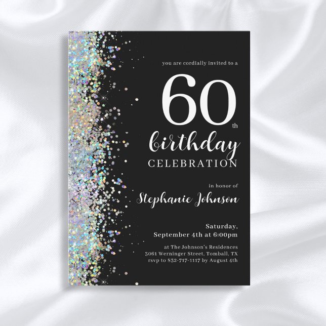 Elegant Glitter Black 60th Birthday Party Invitation (Mockup View)
