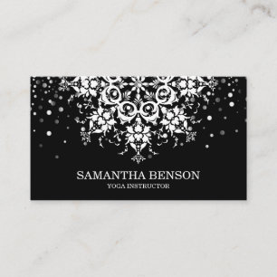 Elegant Glitter Black & white Flower Logo Yoga Business Card