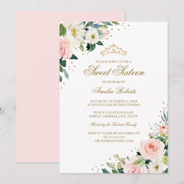 Elegant Glitter Blush Gold Floral Sweet Sixteen Invitation (Front/Back)