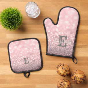 Elegant Glitter Bokeh Monogram Oven Mitt & Pot Holder Set