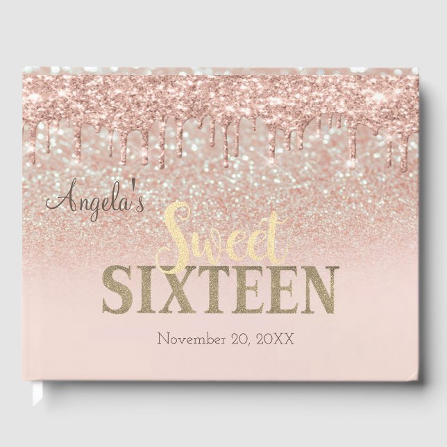 Elegant Glitter Bokeh Ombre,Drops Sweet 16 Guest Book (Front)