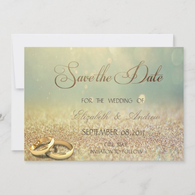 Elegant Glitter Bokeh,Rings  Wedding Save the date (Front)