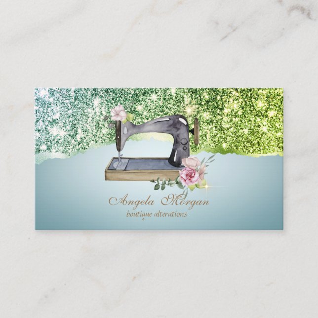 Elegant Glitter Border Floral Sewing Machine Business Card (Front)