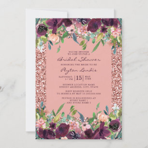 Elegant Glitter Burgundy Pink Floral Bridal Shower Invitation