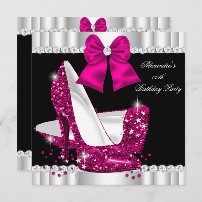 Elegant Glitter Deep Pink Glamour High Heels Invitation (Front/Back)