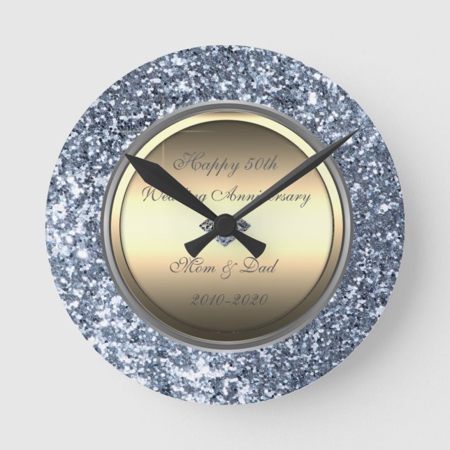 Elegant Glitter Diamond 50th Wedding Anniversary Round Clock (Front)