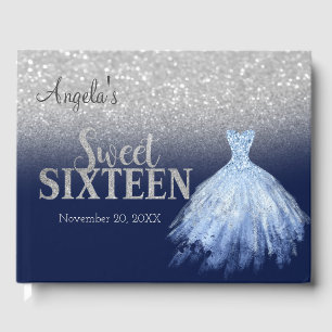 Elegant Glitter Dress Bokeh Blue Sweet 16 Guest Book