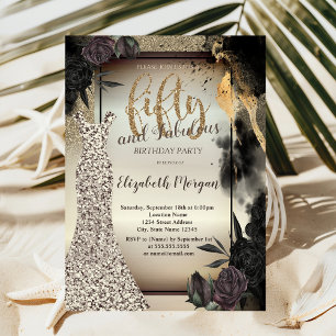 Elegant Glitter Dress,Dark Roses 50th Birthday  Invitation