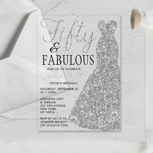 Elegant Glitter Dress | Fifty & Fabulous Birthday Acrylic Invitations (Creator Uploaded)