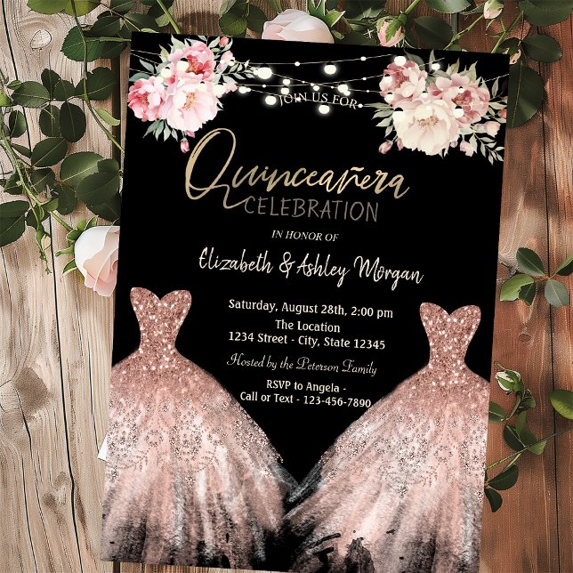  Elegant Glitter Dress Floral Black Quinceanera Invitation (Creator Uploaded)