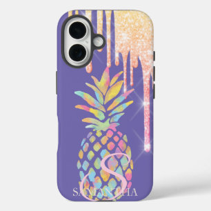 Elegant Glitter Drips Colourful Pineapple Purple iPhone 16 Case