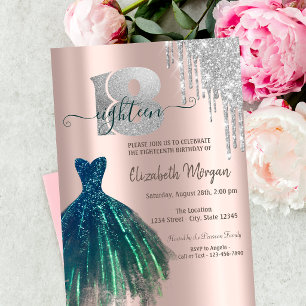 Elegant Glitter Drips Green Dress 18th Birthday Invitation