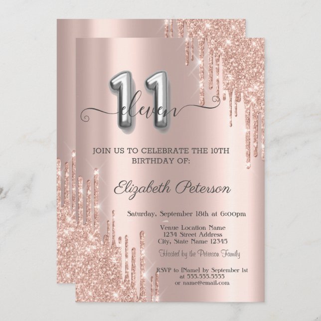Elegant Glitter Drips Rose Gold 11th Birthday  Invitation (Front/Back)