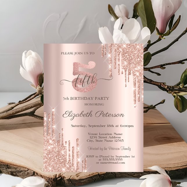 Elegant Glitter Drips Rose Gold 5th Birthday   Invitation (Creator Uploaded)