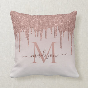 Elegant Glitter Drips Rose Gold Monogram Script Cushion