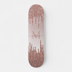 Elegant Glitter Drips Rose Gold Monogram Script Skateboard
